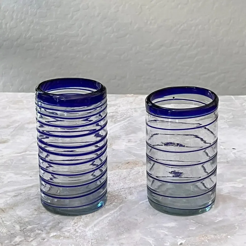 Mexican Hand Blown Drinking Glasses Set of 2 Cobalt Blue Spiral Thick Rim